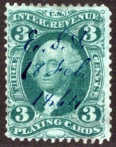 Scott R17c, 3c Playing Cards, Perf, green, USA Revenue Stamp
