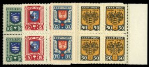 Estonia #B28-31 Cat$210+, 1936 Coat of Arms, complete set in blocks of four, ...