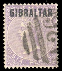 Gibraltar #6 Cat$250, 1886 6p violet, used, with handstamp guarantee