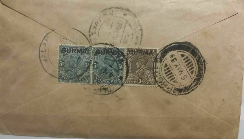 Burma Postal History 1939 Cover Prome to S India Via Madras 