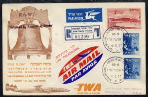 Israel 1957 TWA First flight reg cover to USA (Philadelph...