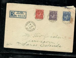 ST LUCIA COVER  (P1505B)  1947 KGVI 1D+2 1/2D+3 1/2D REG COVER TO FAROE ISLAND 