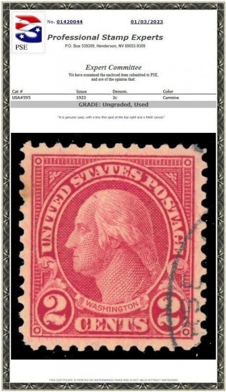 U.S. #595 Used with WT Crowe Certificate