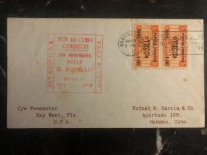 1938 Habana Cuba Anniversary Flight airmail cover FFC to Key West FL USA