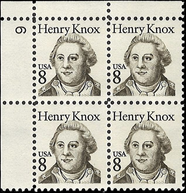 Scott # 1851 1985 8c ol  Henry Knox ; OVERALL TAGGING Plate Block - Upper Lef...