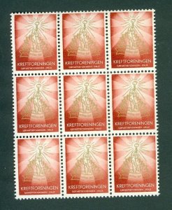 Norway Poster Stamp 9-Block. Red. Mnh. Cancer Assoc. Maritime Building Oslo