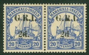 SG 53/53e New Guinea 1914. 2d on 20pf ultramarine pair with variety no stop...