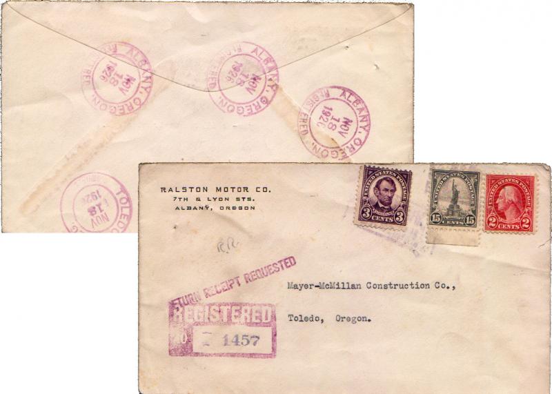 United States Oregon Albany Registered 1926 violet double ring  2c Washington...