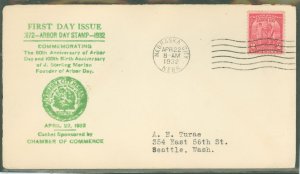 US 717 1932 2c Arbor Day Commemorative on an addressed (typed) FDC with a Nebraska City Chamber of Commerce Cachet