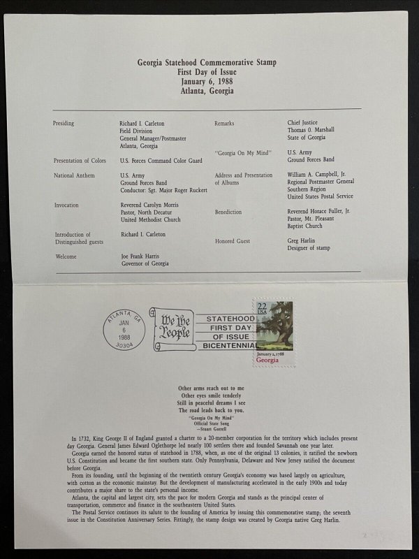 1988 Georgia Statehood First Day Ceremony Program Sc# 2339