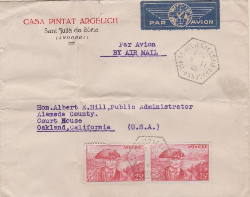 Andorra French Administration 25F Provost (2) 1946 St. Julien de Loria, Val. ...