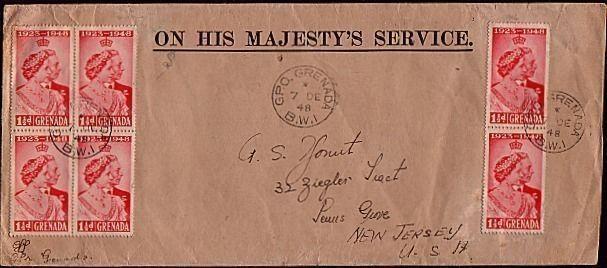 GRENADA 1948 cover to USA - nice franking SW 1½d values....................36594