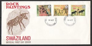 Swaziland, Scott cat. 285-287 only. Primitive Rock Paintings. First day cover.