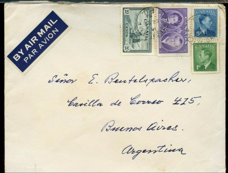 1951 air mail to ARGENTINA Post Postes & PEACE ISSUE Canada cover