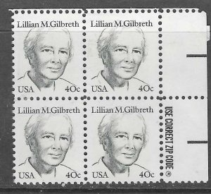 US #1868 40c Lillian M Gilbreth Zip block (MNH)  CV $3.75