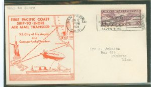 US C12 1931 5c Wing airmail stamp franked this First Pacific Coast ship to shore transfer between the Goodyear Blimp volunte