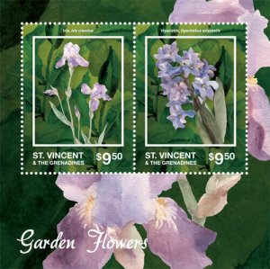 St. Vincent 2014 - Garden Flowers, Iris, Hyacinth - Sheet of 2 Stamps - MNH