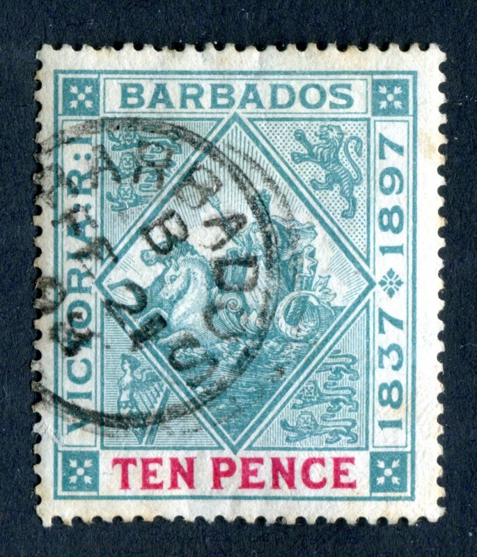 Barbados 1897 QV. Diamond Jubilee. 10d blue green & carmine. Used. SG123.