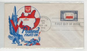 1943 Patriotic FDC OVERRUN COUNTRIES 909 POLAND FIGHTS ON BY STAEHLE CHICAGO CXL