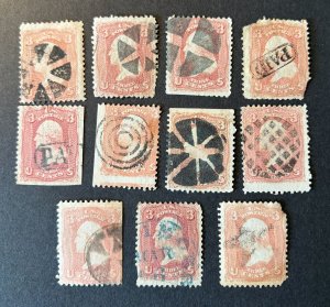 11 used copies of US Stamp #65 with interesting cancels