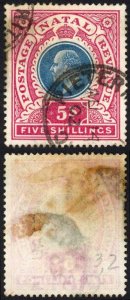 Natal SG140 5/- Postage Revenue Cat 15 pounds 14 Aug 1902 Pietermaritzburg Pmk