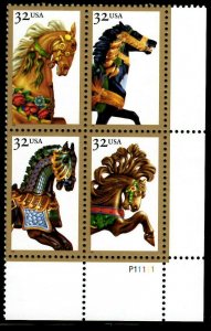 1995 Carousel Horses Plate Block Of 4 32c Postage Stamps, Sc 2976-2979, MNH, OG