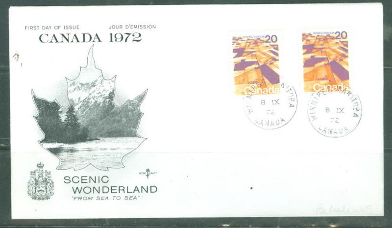 Canada #596 pair Scenic views Rosecraft unaddressed FDC