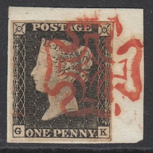 SG 2 1d black plate 1a lettered GK. Very fine used on small piece cancelled...