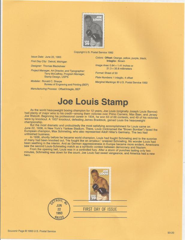 US 2766, JOE LOUIS, SOUVENIR PAGE