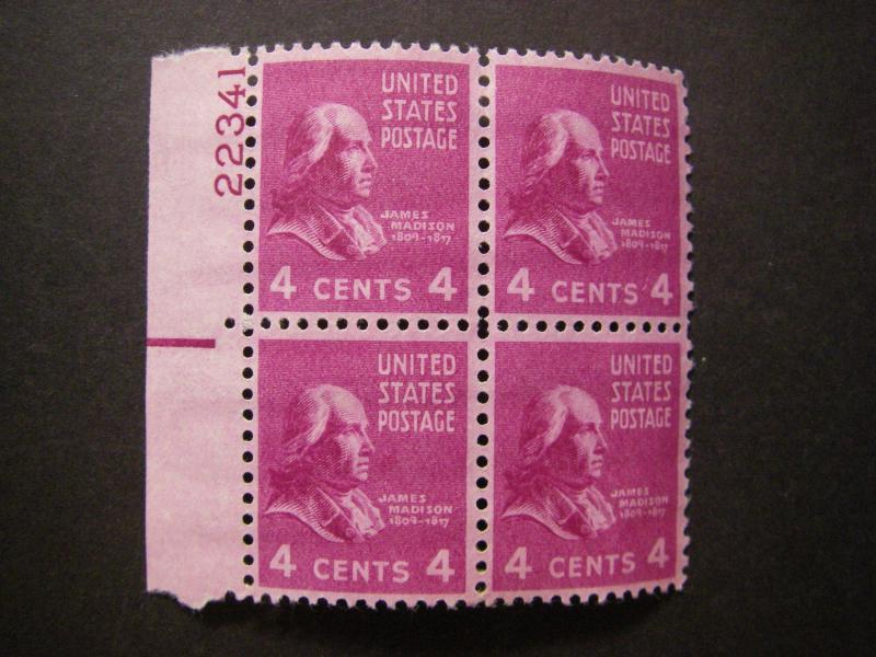 Scott 808, 4c James Madison, PB4 #22341 UL, MLH Prexie, no top margin