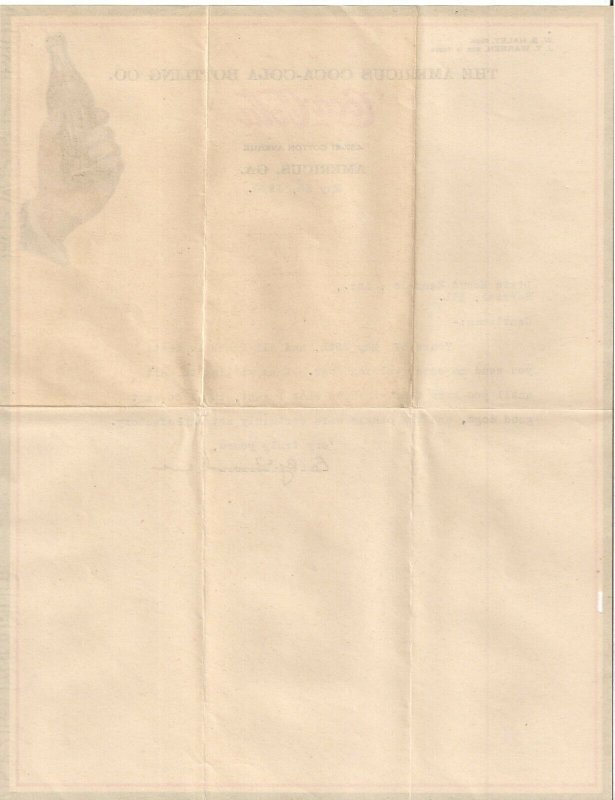 AMERICUS GA COCA-COLA LETTERHEAD hand with bottle design 1930 Fresh Dixie Hounds