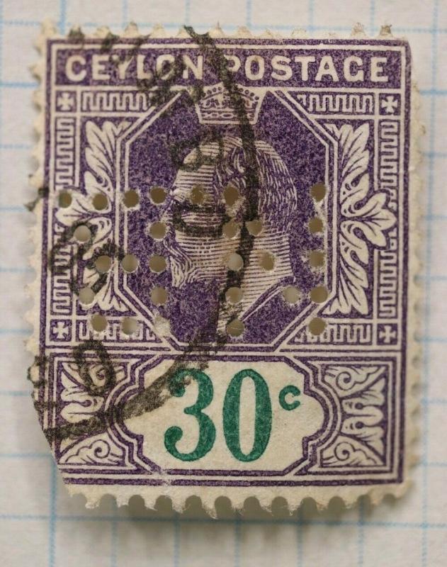 Ceylon sc#174 used 30c stamp perfin NB n.b.