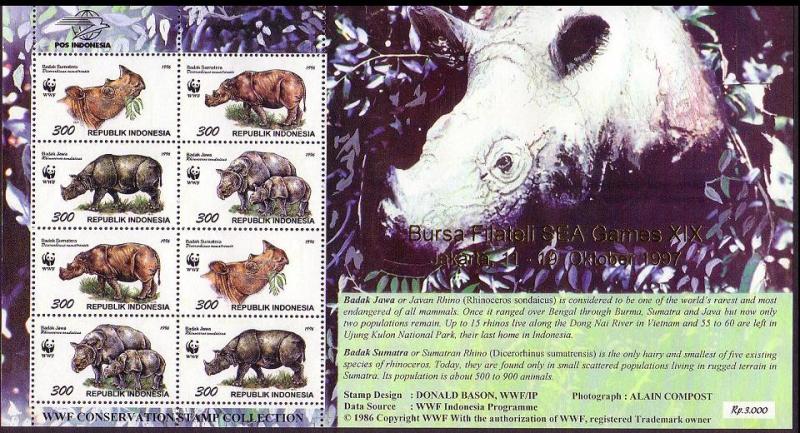 Indonesia WWF Javan and Sumatran Rhinoceros Sheetlet of 2 sets / 8 stamps with