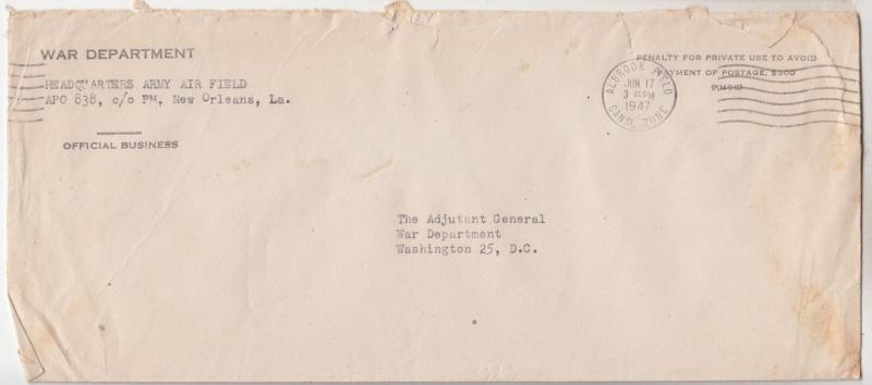 APO 838, ALBROOK FIELD, CANAL ZONE, 1947 War Department Free cover.