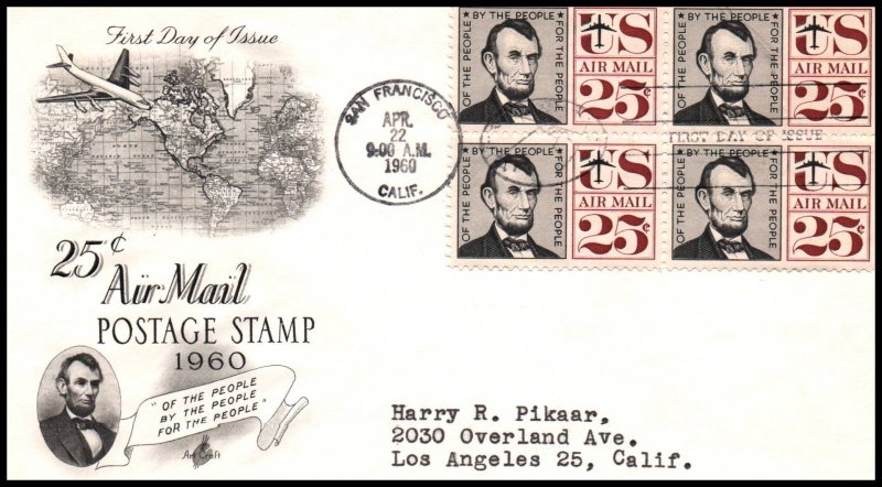 US C59 Abraham Lincoln Block of Four Artcraft Typed FDC