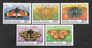 SE)1999 TOGO FAUNA, SHORT BUTTERFLIES SERIES, 5 MNH TIMBERS