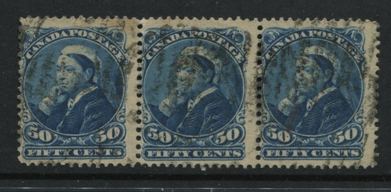 1893 Canada QV 50 cents Widow Weeds Major Re-entry used strip of 3