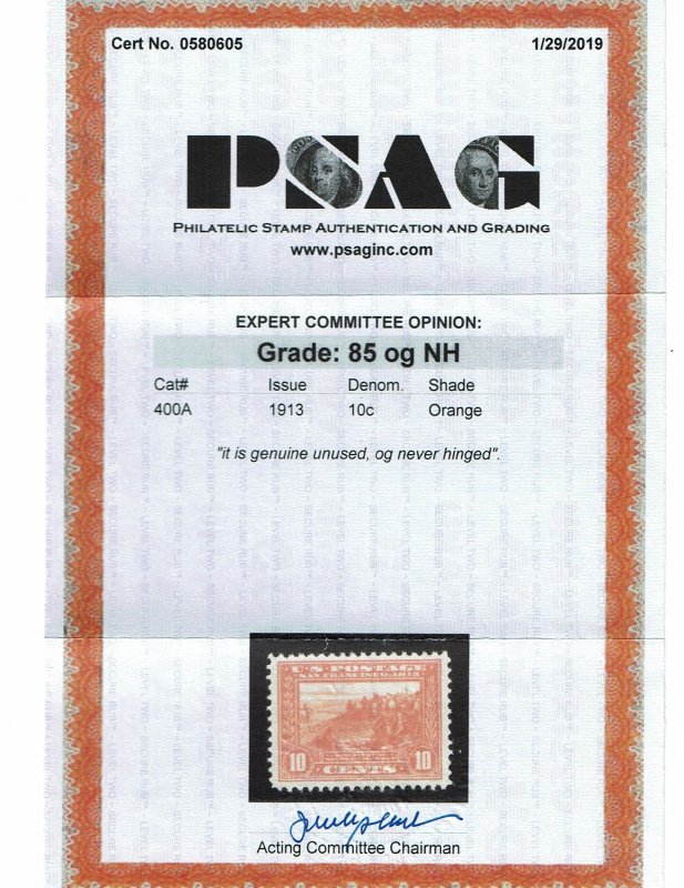 Scott #400A VF/XF-OG-NH.  With 2019 PSAG certificate. Showpiece