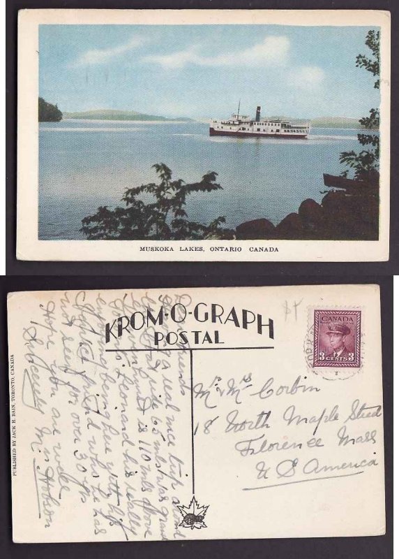 Canada-cover #7448 -  3c KGVI war on post card with view side  boat on Muskoka