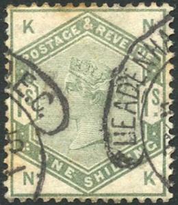 SG196 1/- Lilac and Green Good used Cat 300 pounds Great colour