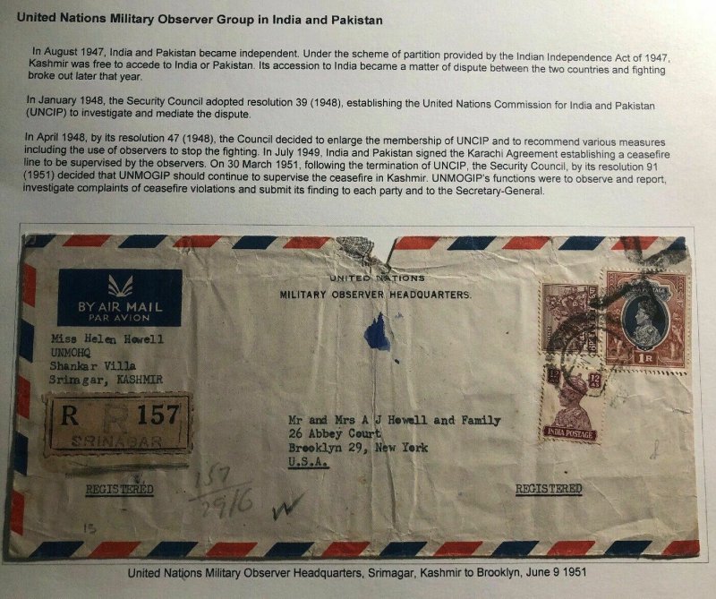 1951 India United Nations Military Headquarters Airmail Cover to Brooklyn USA