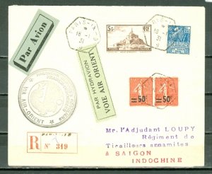 FRANCE AIR ORIENT 1931 SCARCE FIRST FLIGHT REGISTERED AIR COVER TO SAIGON