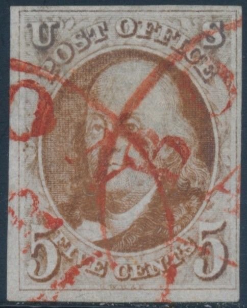 U.S. #1 VF USED EXTREMELY ELUSIVE RED TOWN CANCEL (TINY THIN SPOTS)