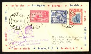 FIJI FFC 1941 CENSORED First Flight Cover Suva to NOUMEA NEW CALEDONIA