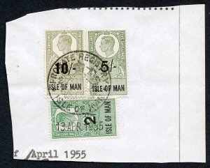 Isle of Man KGVI 10/- 5/- and 2/- Key Plate Type Revenues CDS on Piece