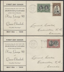 1939 #246-248 Pair of Royal Visit FDCs Unusual Text Cachet Royal Train Flags