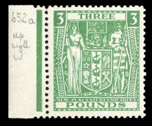 New Zealand #AR91 (SG F208) Cat£275, 1946 £3 light green, left sheet margin...