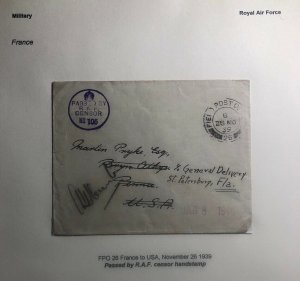 1939 Royal Air Force France Censored Cover To St Petersburg FL USA