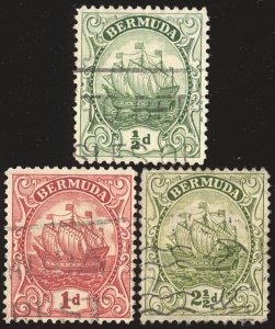 BERMUDA Sc 82,83 & 86 USED - 1928  ½p, 1p, 2½p Caravel  - Sound, No faults