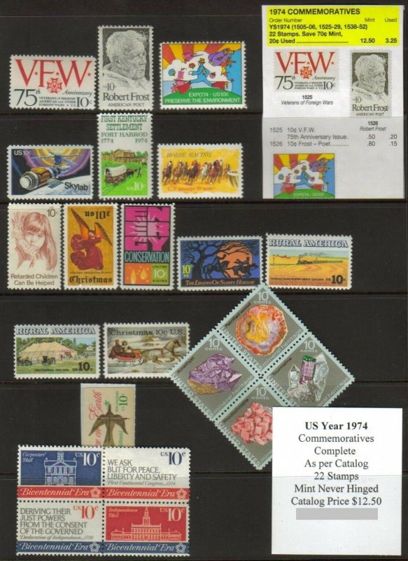 US 1974 Year Set, Complete Commemoratives, Mint Never Hinged, See other years